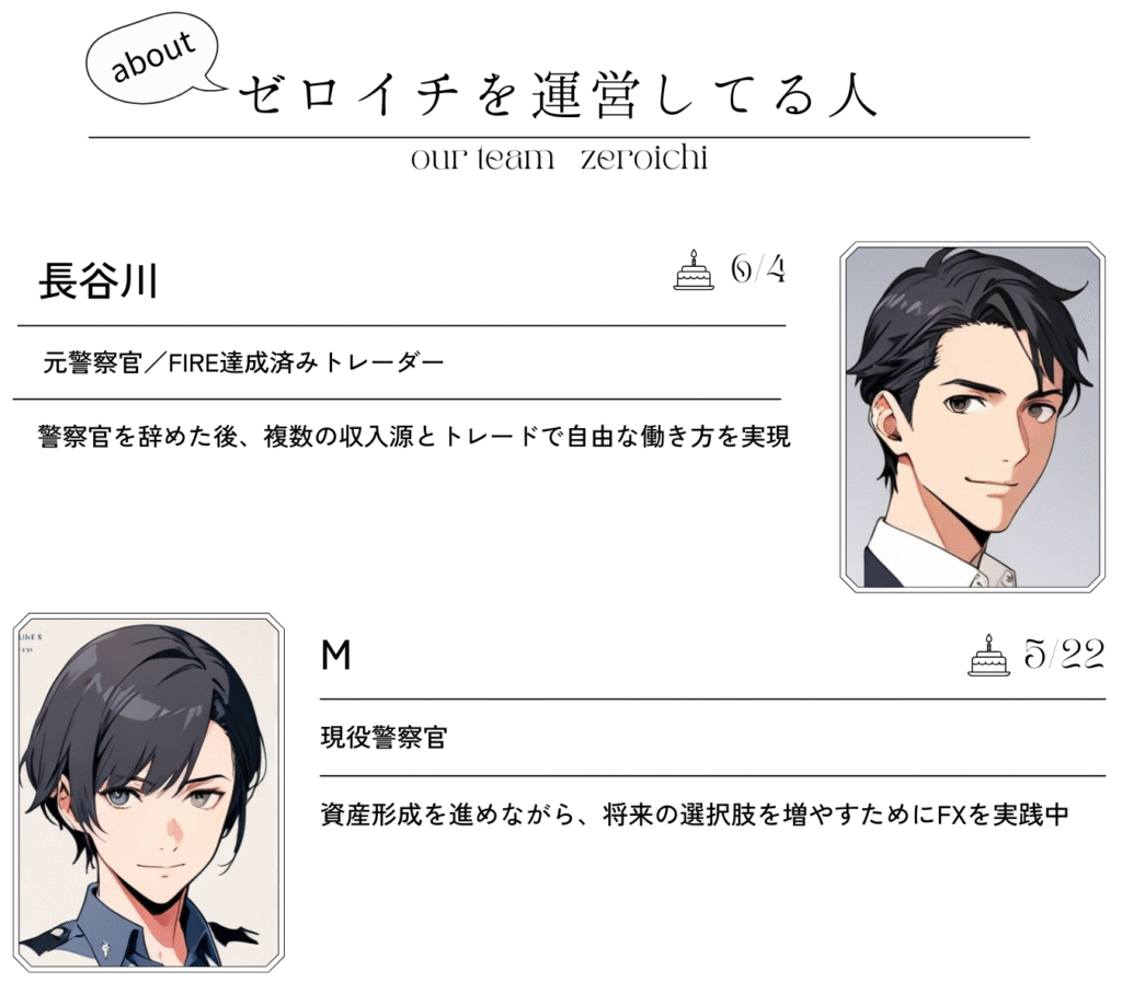 ゼロイチ運営
◆長谷川／元警察官・FIRE達成済みトレーダー
警察官17年→企業／警察官を辞めた後、複数の収入源とトレードで自由な働き方を実現
◆M／現役警察官
警察官24年目／資産形成を勧めながら、将来の選択肢を増やすためにFXを実践中
